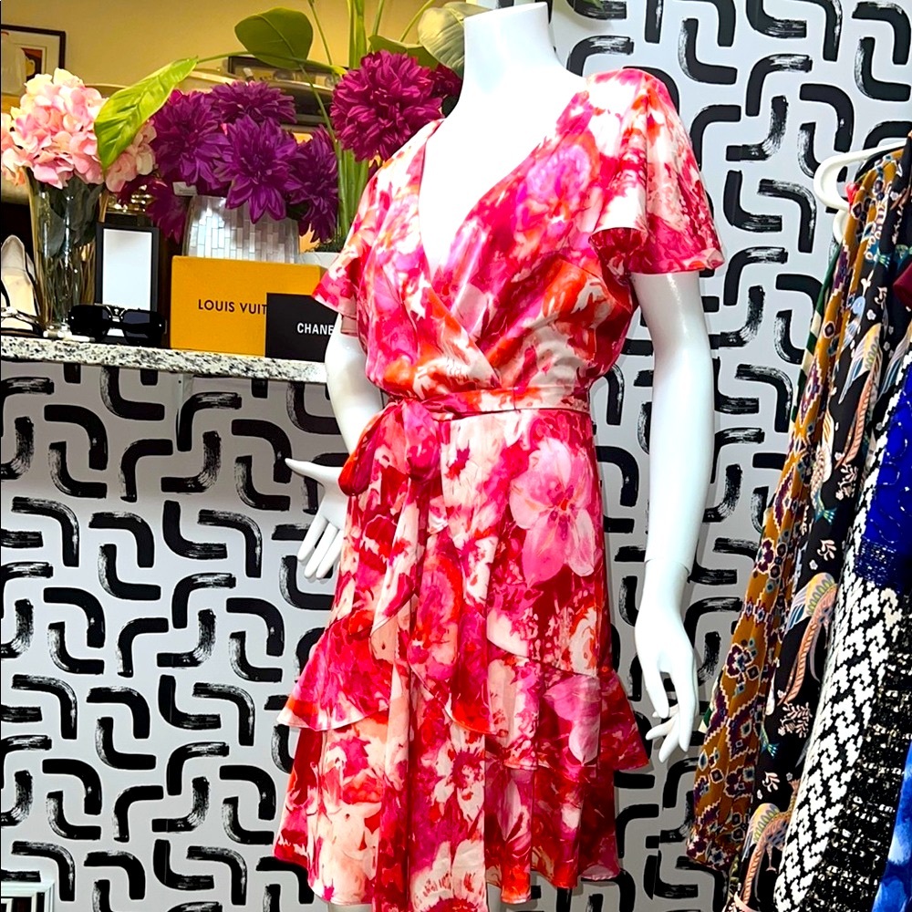 Vibrant Pink Floral Wrap Dress